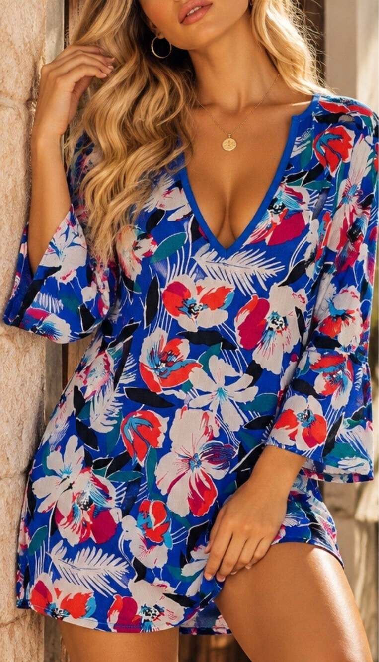 J.Crew Women’s S Blue Tropical Floral Tunic Mini Dress Boho Cover Up Casual Top